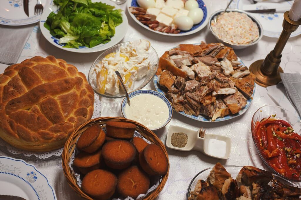 Dinning table with huge variety of Serbian traditional food