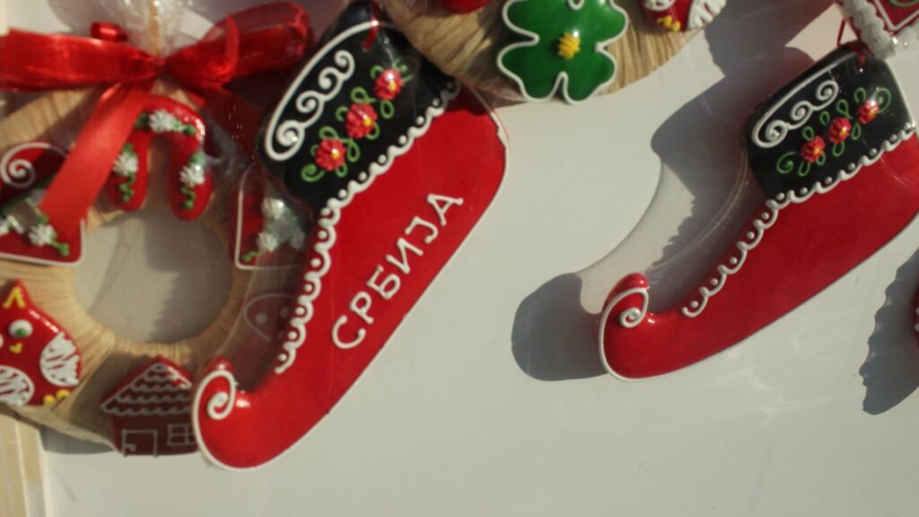 Souvenir stand with trinkets and candies from Serbia