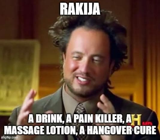 Aliens meme. Overlaid text on top [Rakija]. Overlaid text on bottom [A drink, a pain killer, a massage lotion, a hangover cure].
