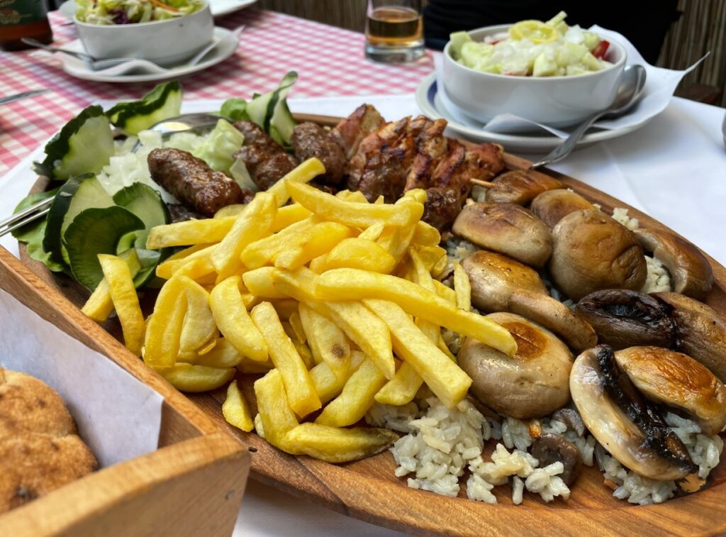 Plates with food on a checkered tablecloth