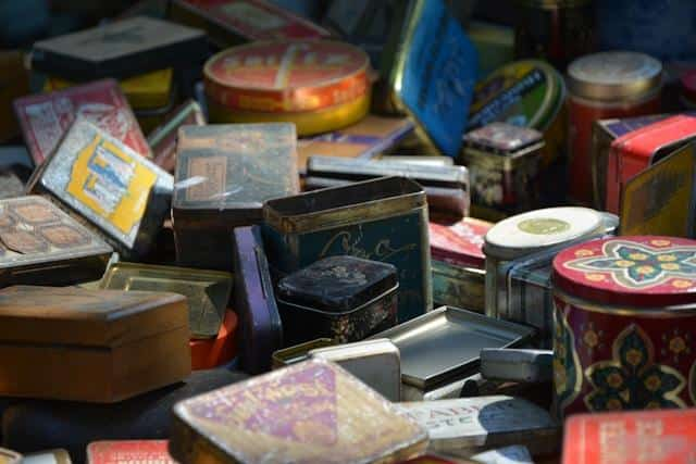 Colorful boxes and other trinkets at a Serbian flea market.