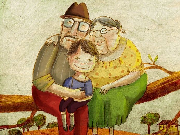 Illustration of a boy with grandparents.