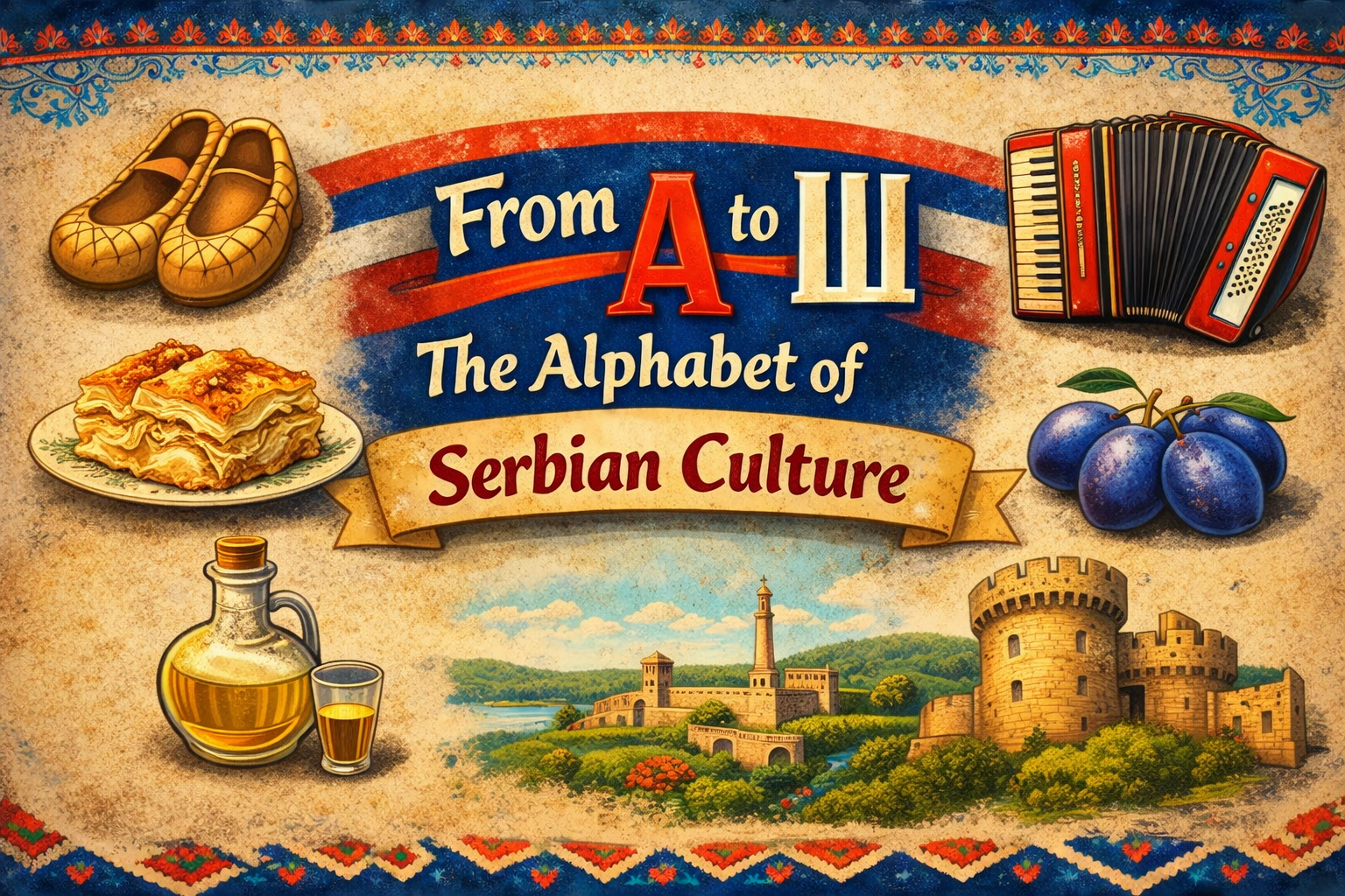 An illustration of the alphabet of Serbian culture, containing typical national symbols like plums, ethnic footwear, rakija, and more.